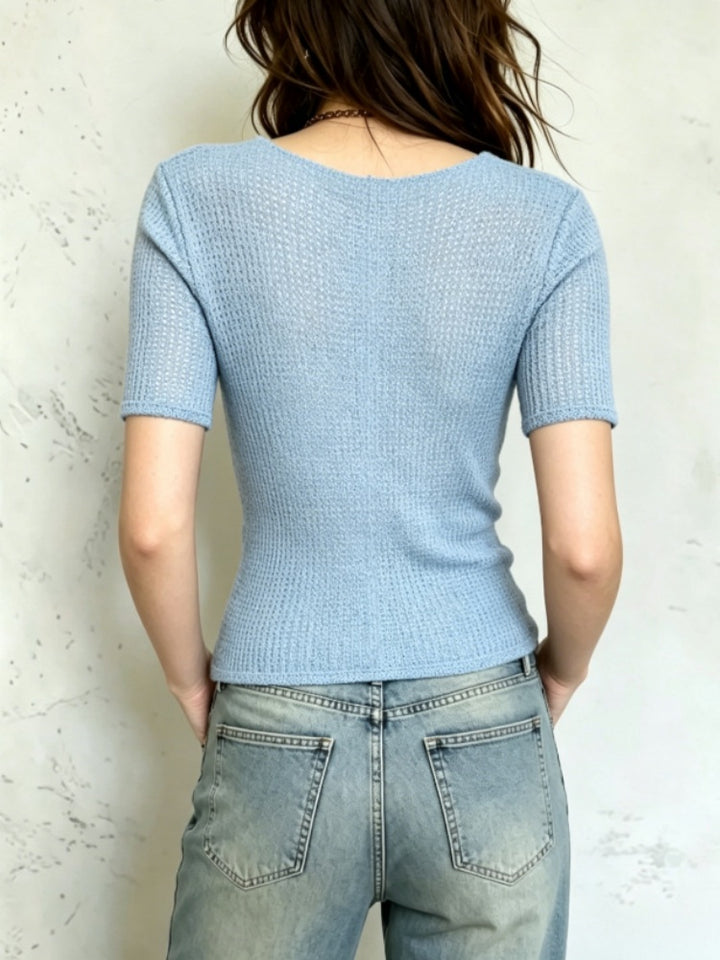 Wrap-Front Knit Top | V-Neck Short Sleeve Crisscross Blouse
