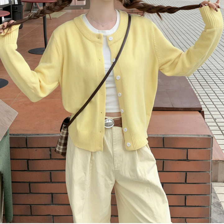 Solid Color Crew Neck Knit Cardigan
