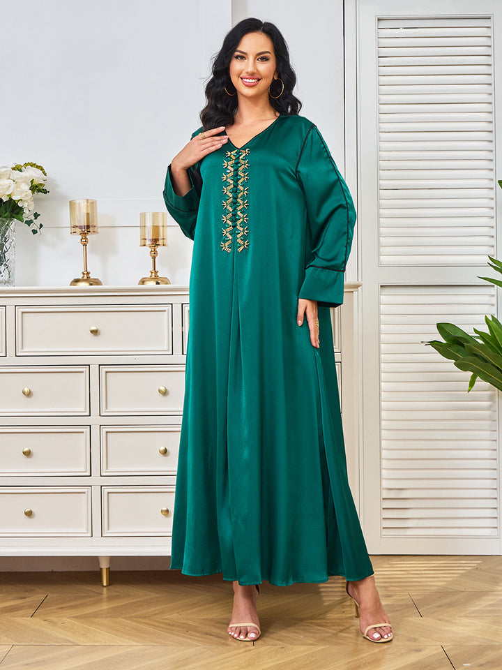 Emerald Green Satin Abaya Maxi Dress with Gold Embroidery