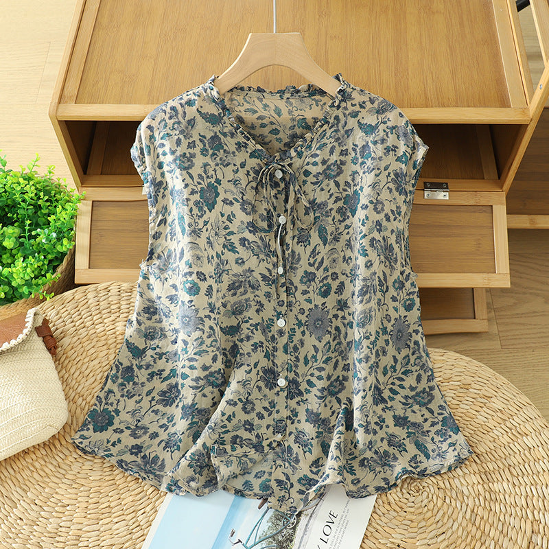Ruffle Neck Tie Front Floral Linen Blend Sleeveless Blouse