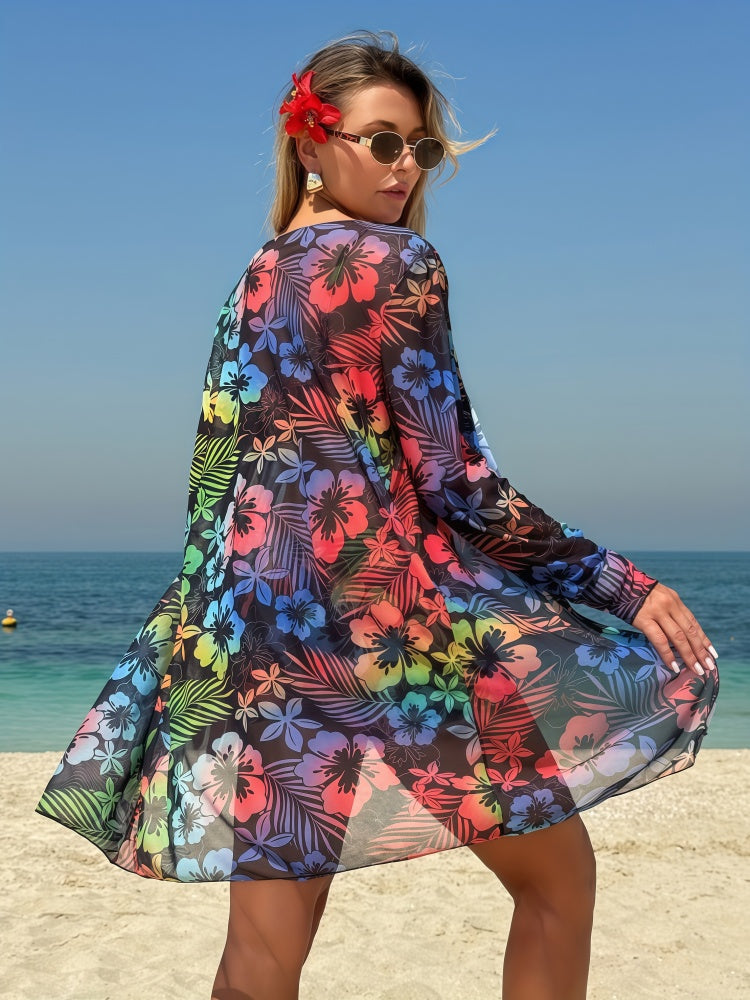 Floral Print 3-Piece Swimsuit Set – Chic Crop Top, High-Waist Shorts & Sheer Cover-Up