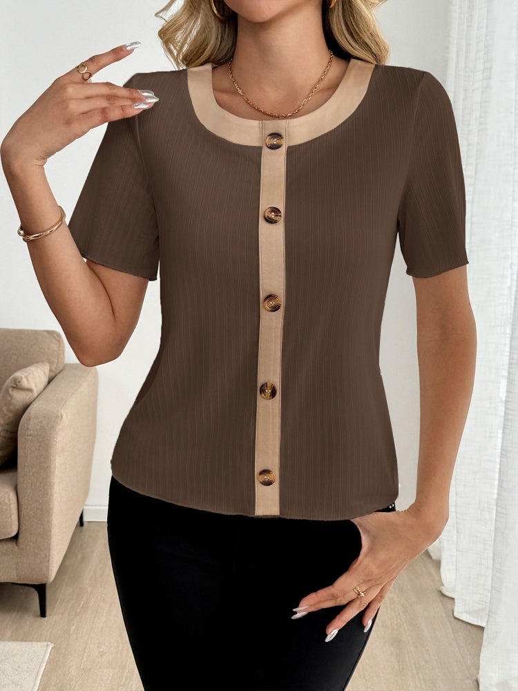 Contrast Trim Button-Front Ribbed Knit Top
