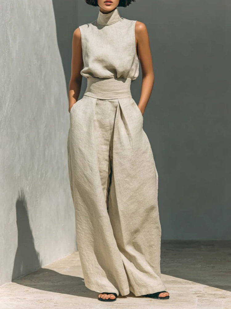 Solid color cotton linen sleeveless casual suit