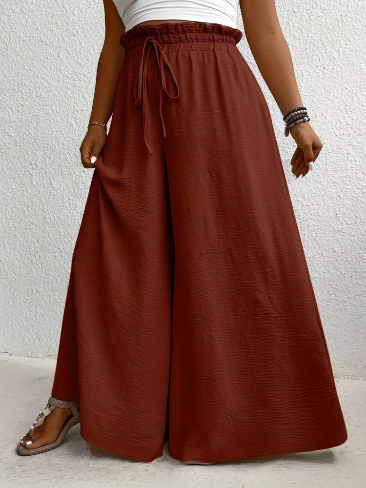 Solid color, loose fit, draped, drawstring wide-leg casual pants