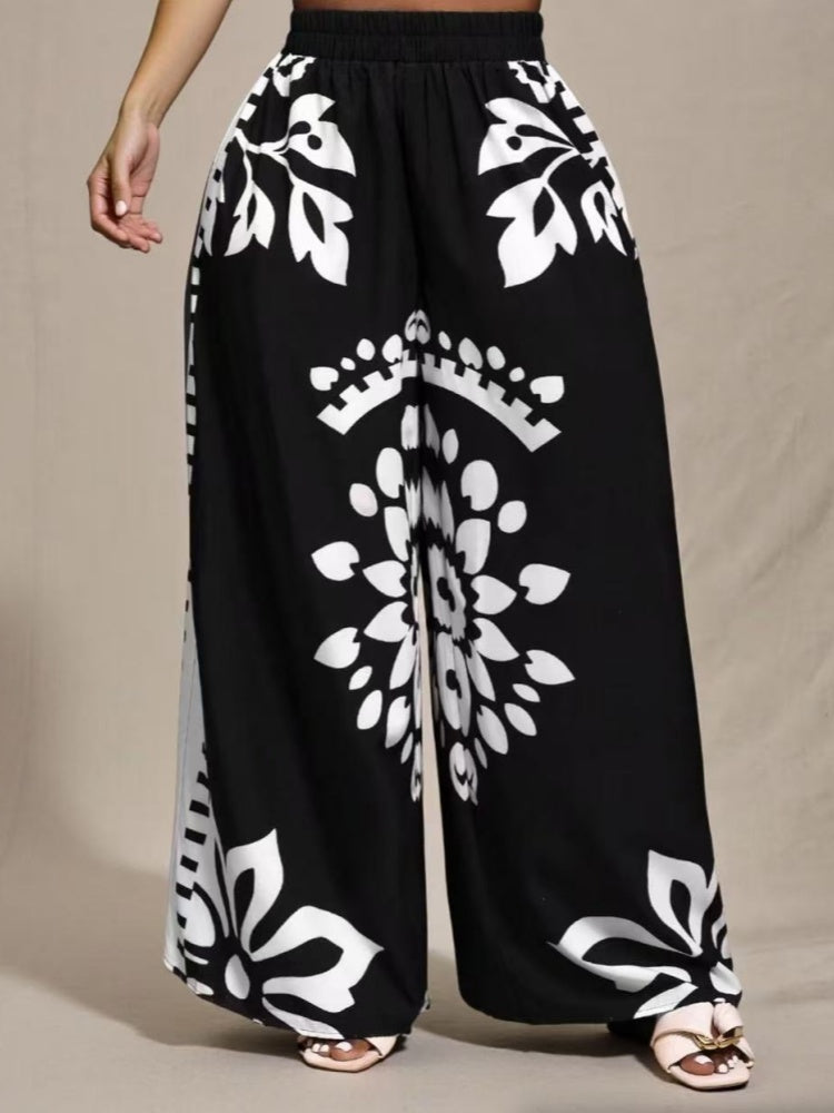Stylish and elegant bohemian print straight-leg wide-leg trousers
