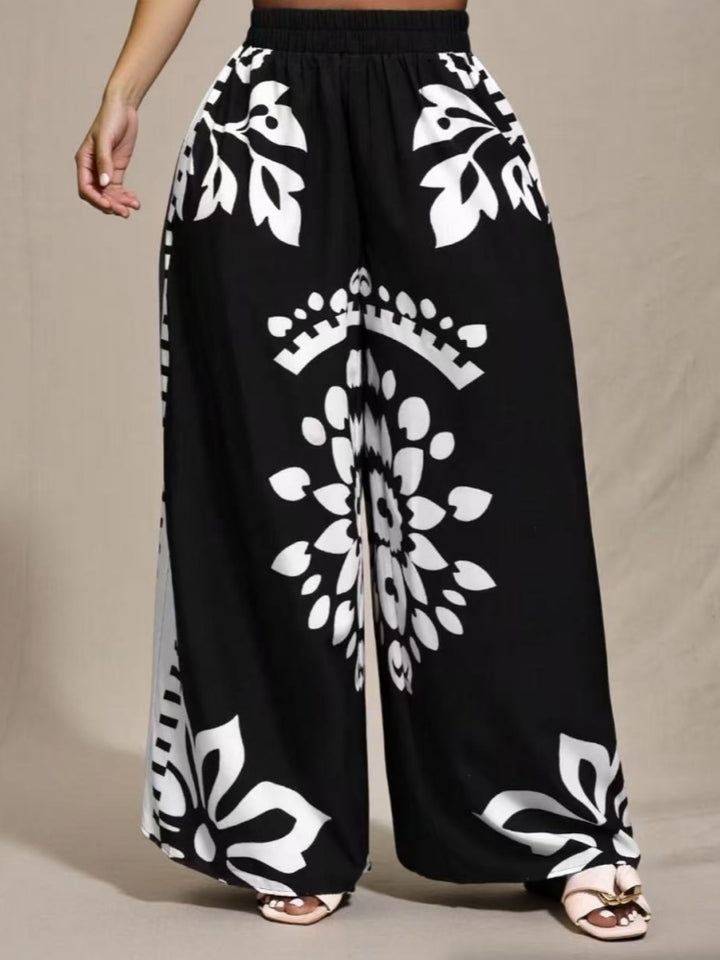 Stylish and elegant bohemian print straight-leg wide-leg trousers
