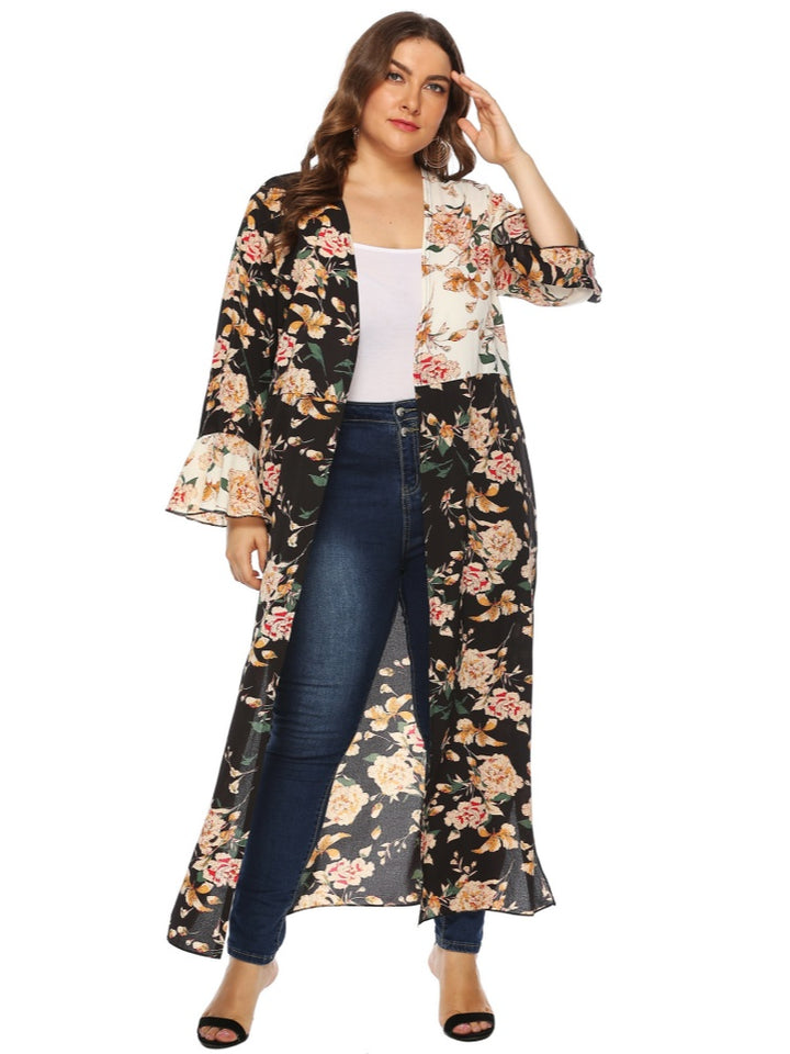 Irregular color-blocked printed ruffle cardigan jacket