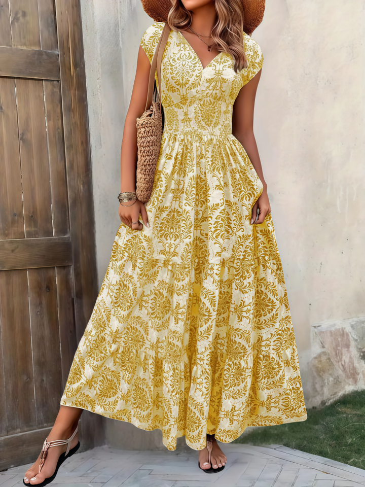 V-neck printed fitted waist maxi dress