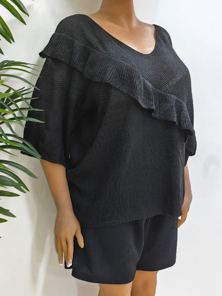 Ruffled patchwork machine-knitted loose sweater