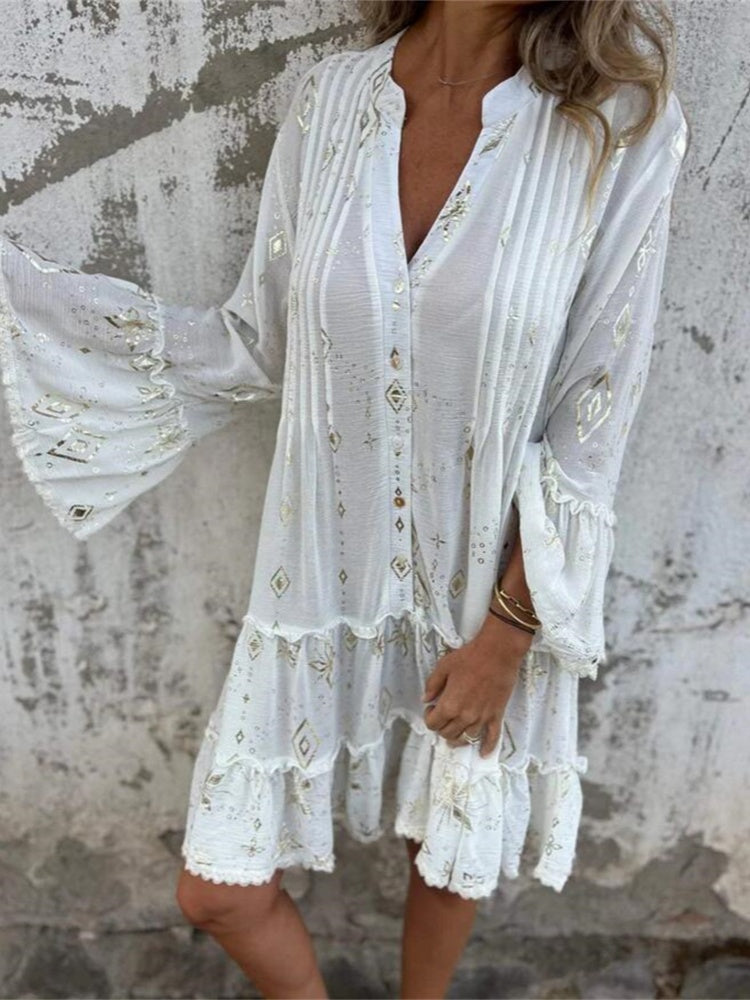 Solid color bell sleeve hollow dress
