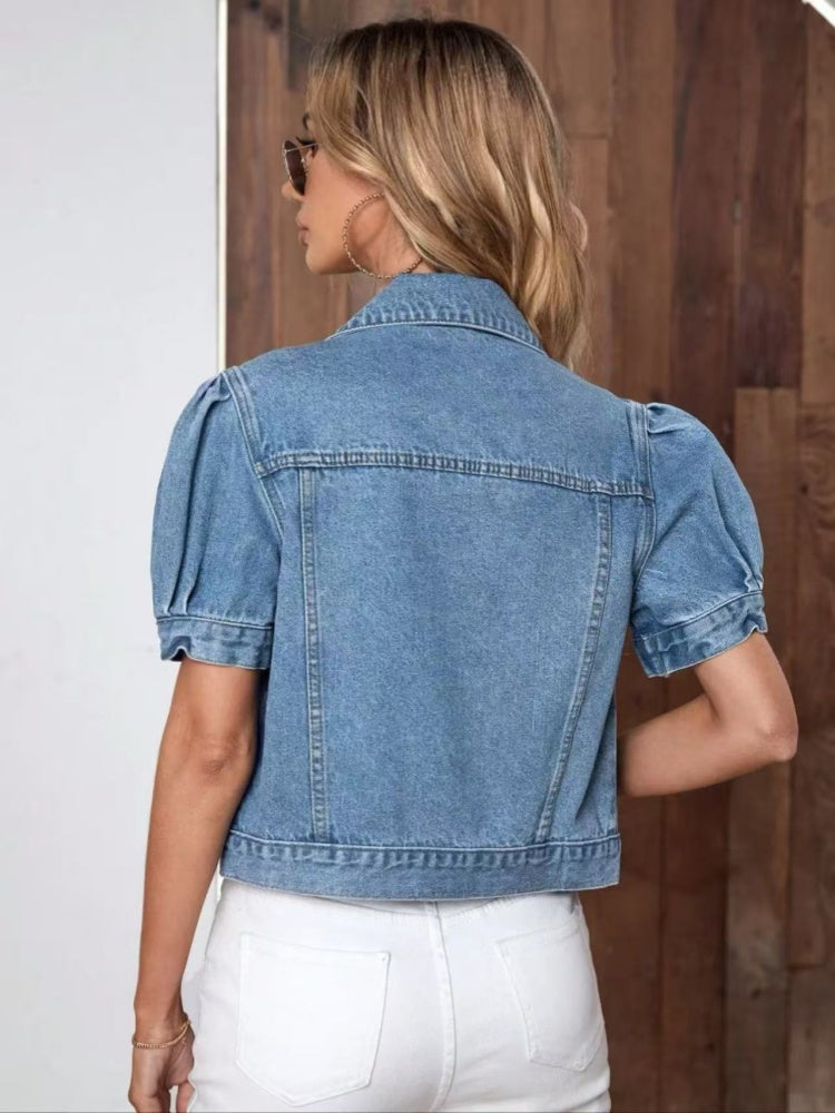Cropped denim jacket with puff sleeves