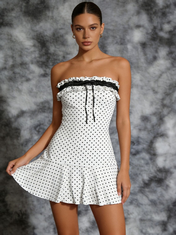 Polka-dot lace panel mini dress
