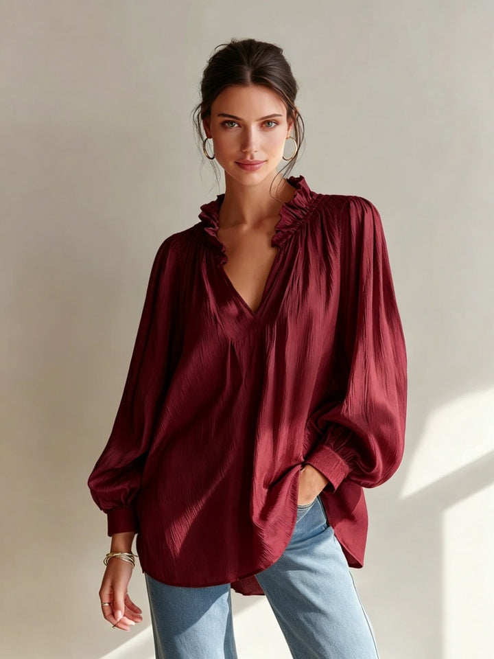 Loose-fit ruffled V-neck puff-sleeve shirt