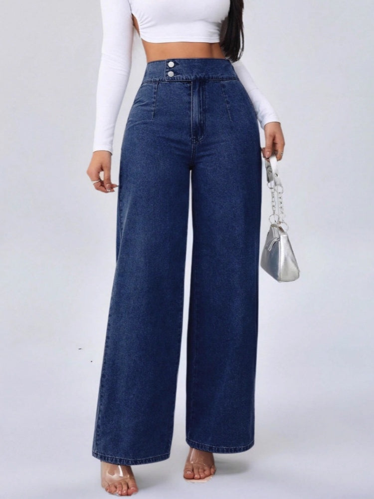 Vintage Button High Waist Wide Leg Denim Jeans