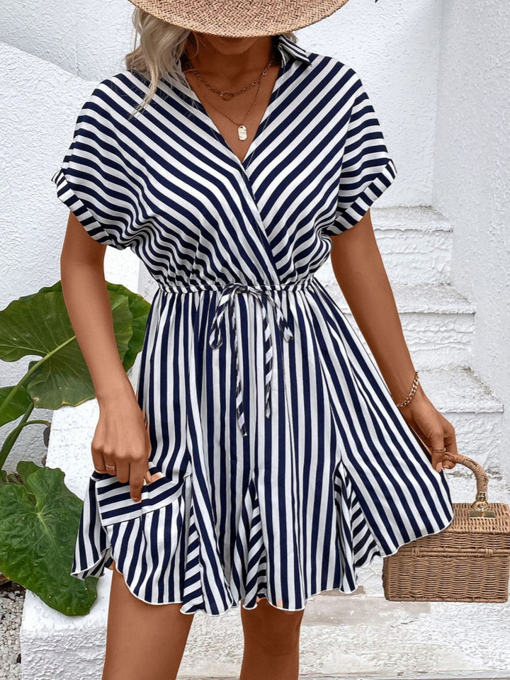 Versatile Drawstring Waist Striped Shirt Dress