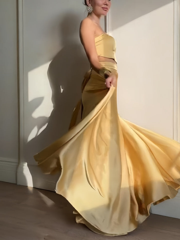 Gold Satin Strapless Cut-Out Two Piece Maxi Skirt Set