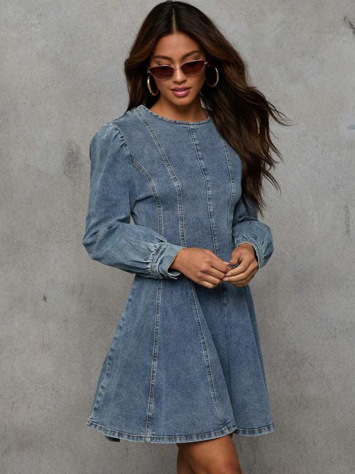 Round Neck Puff Long Sleeve Denim Mini Dress