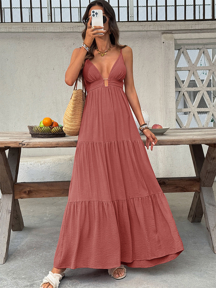 Solid color fitted waist V-neck suspender dress
