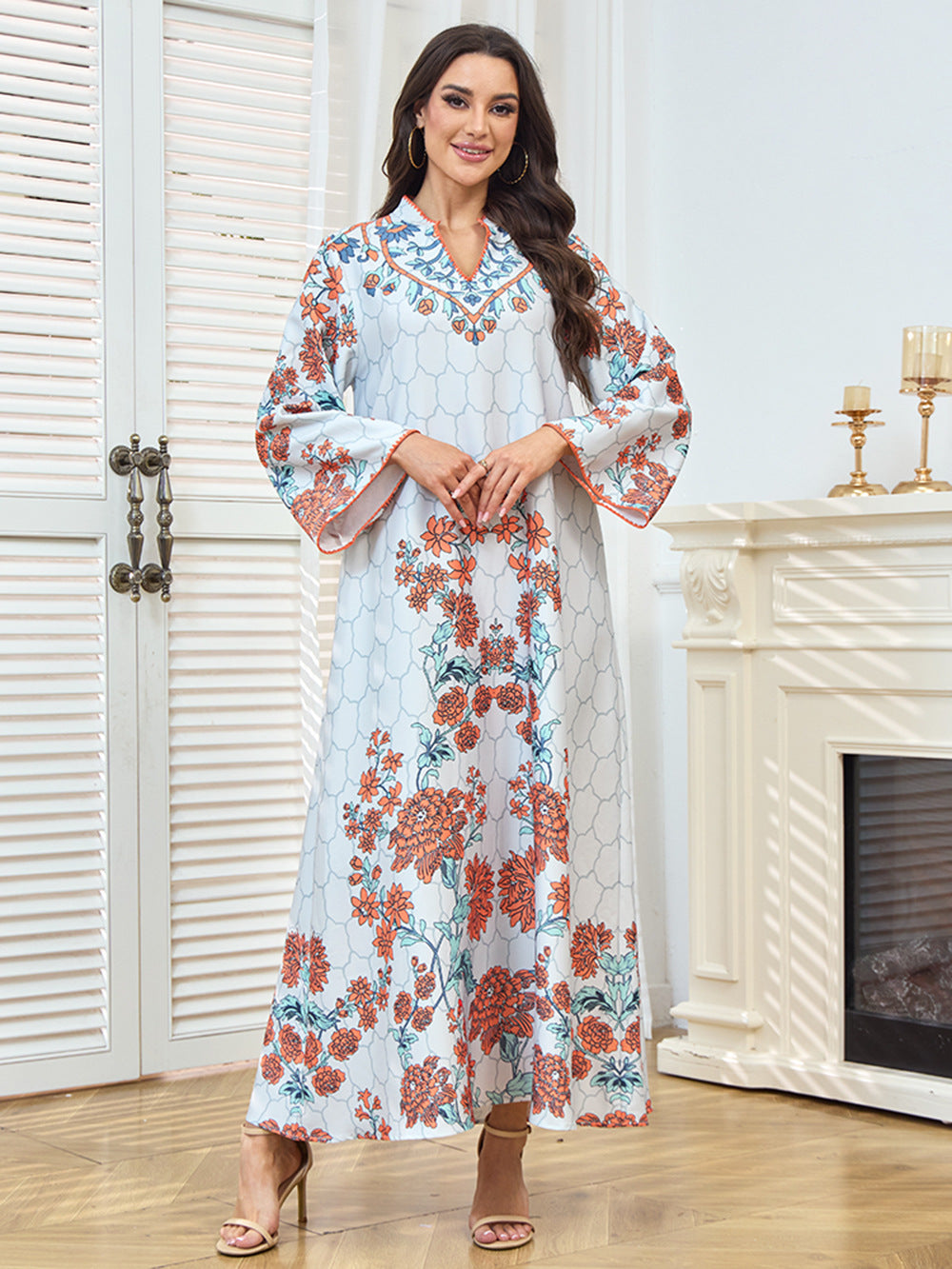 Floral Print V-Neck Maxi Abaya Dress
