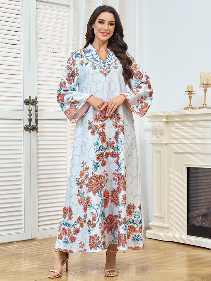 Floral Print V-Neck Maxi Abaya Dress