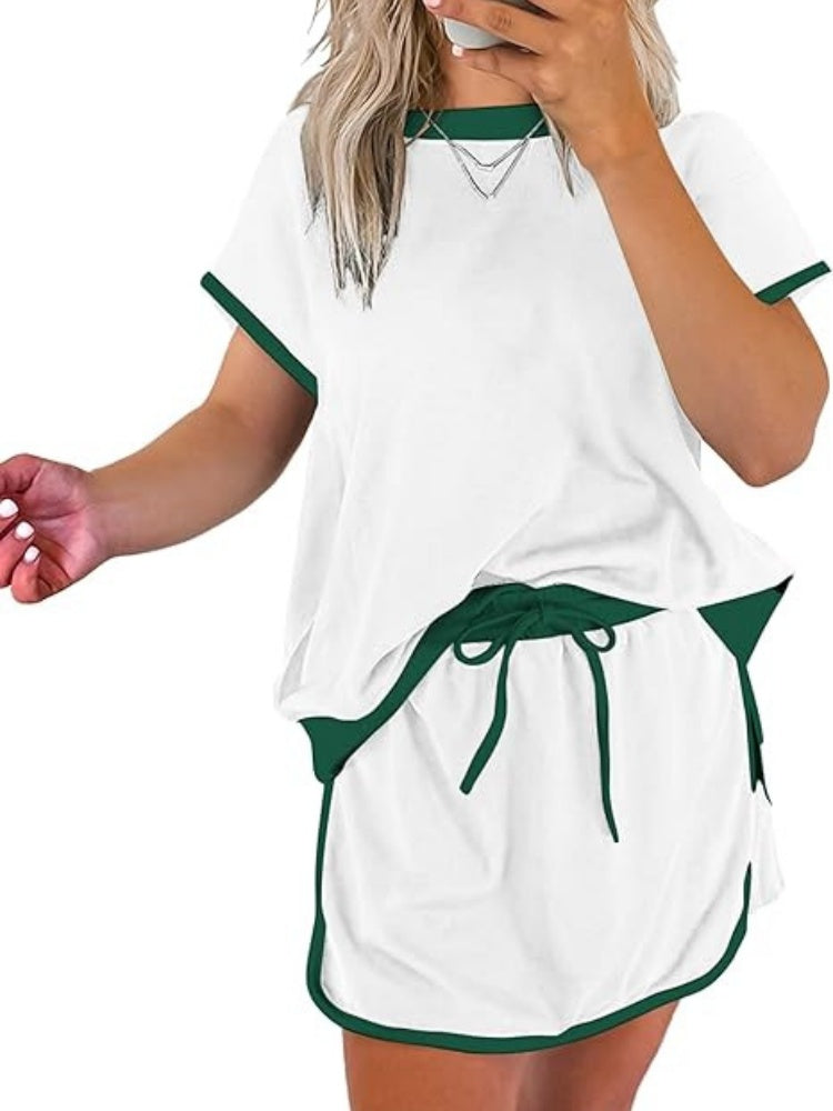 Contrast Trim Short Sleeve Top &amp; Mini Skirt Two-Piece Set