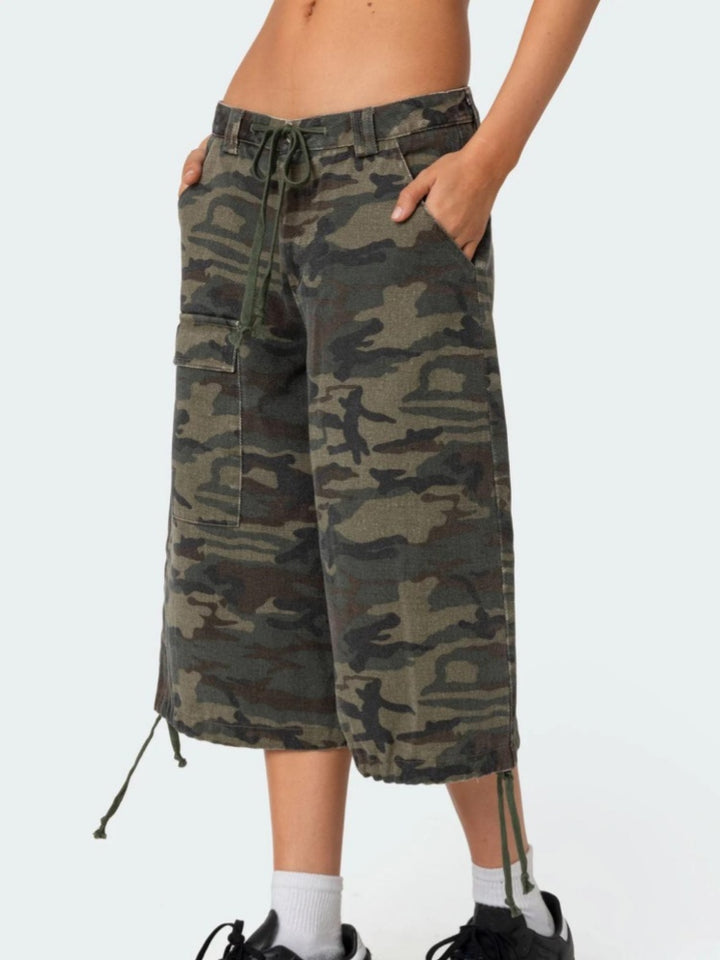 Camouflage Cargo Capri Pants | Drawstring Hem Loose Wide-Leg Shorts