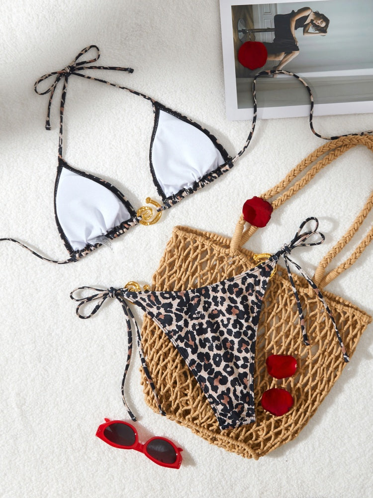 Multi Floral Leopard Print Gold Hardware Halter Bikini Set