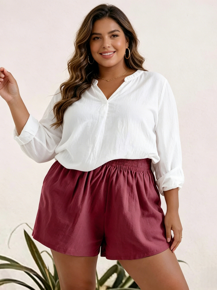High Waisted Elastic Waist Linen Blend Shorts