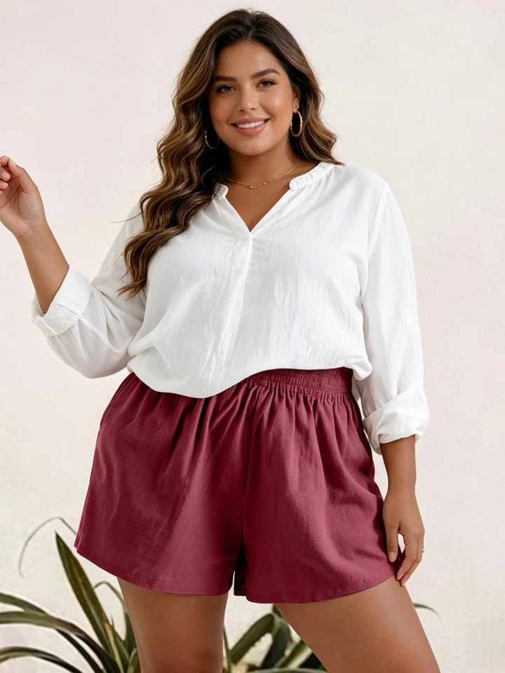 High Waisted Elastic Waist Linen Blend Shorts