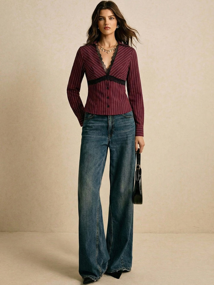 Burgundy Pinstripe Lace Trim Fitted Blouse