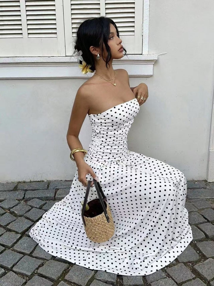 Strapless Ruched Polka Dot Flowy Maxi Dress