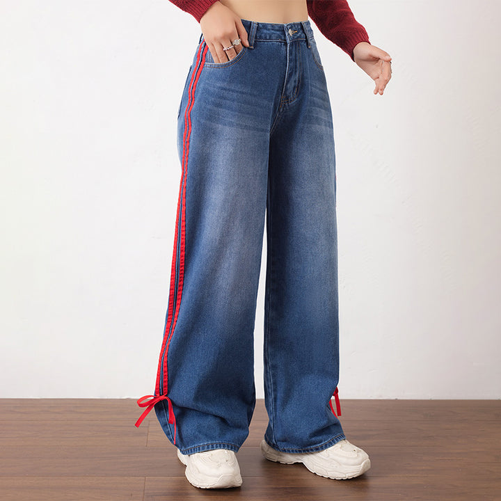 Retro red-trimmed casual straight-leg jeans