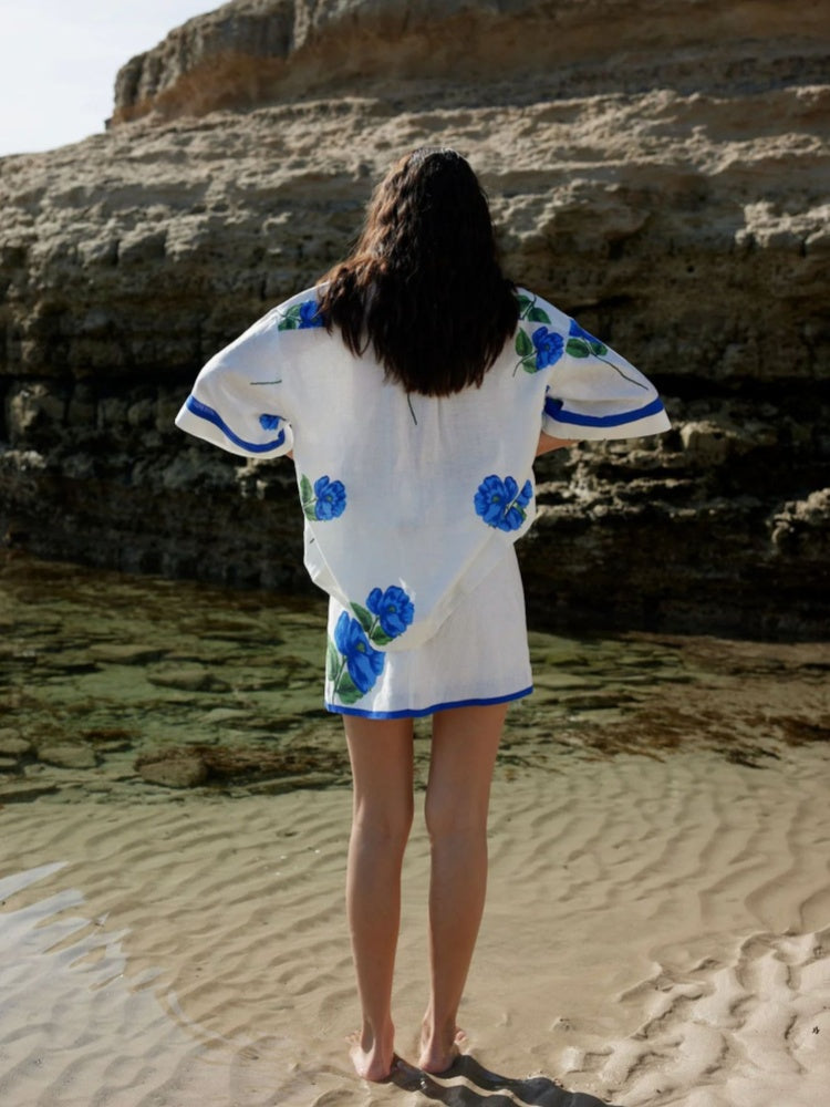 Blue Floral Print Linen Blend Two-Piece Set - Oversized Shirt &amp; Mini Skirt Co-ord