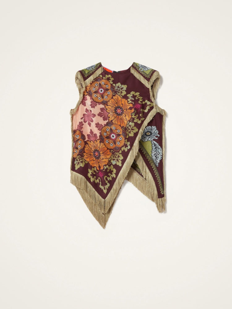 Fringed Floral Print Asymmetrical Sleeveless Top