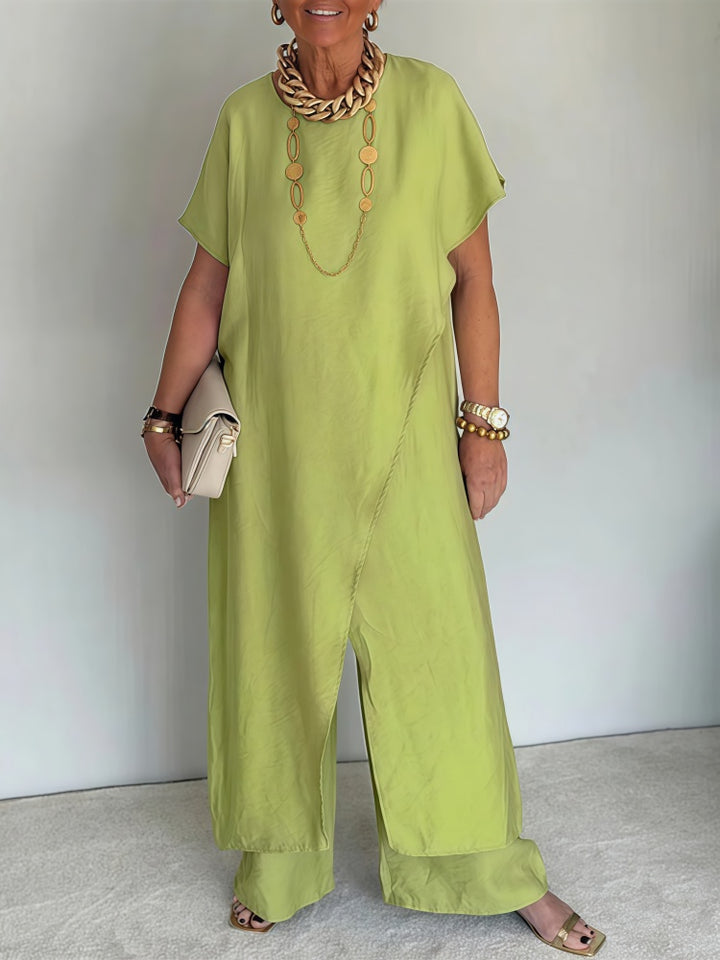 Two-piece set: loose-fitting, slit-front, belted top and wide-leg pants