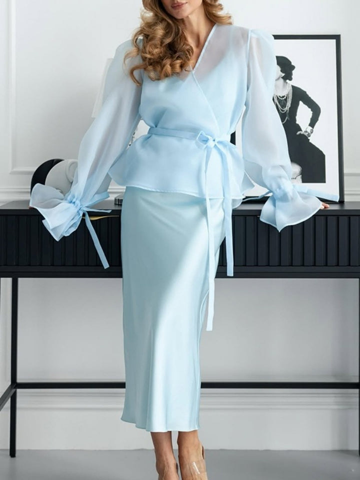 Satin Wrap Peplum Top &amp; Midi Skirt Set