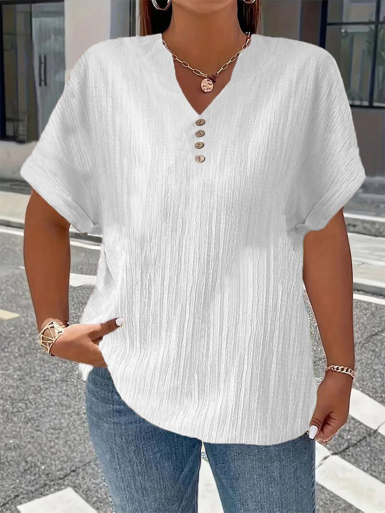 Fashionable and casual solid color button V-neck T-shirt