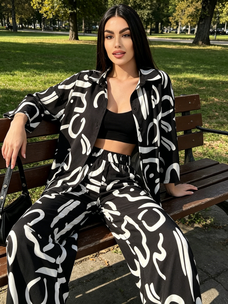 Printed Button-Up Shirt &amp; Wide Leg Pants Set