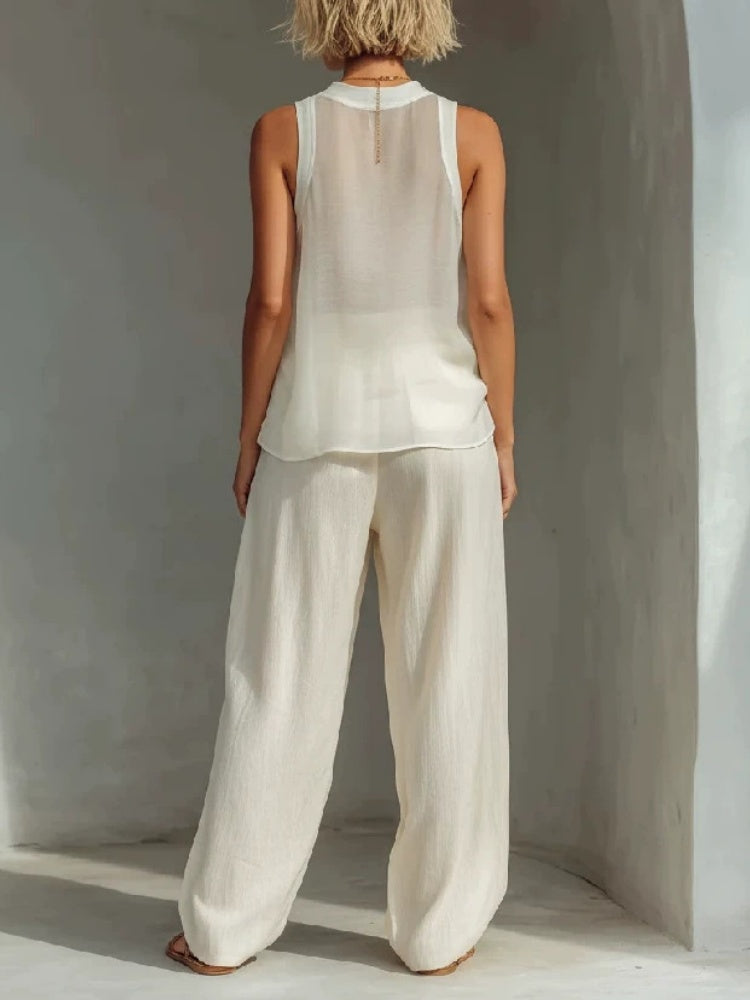 Linen Blend Sleeveless Halter Top &amp; Drawstring Wide Leg Pants Two-Piece Set