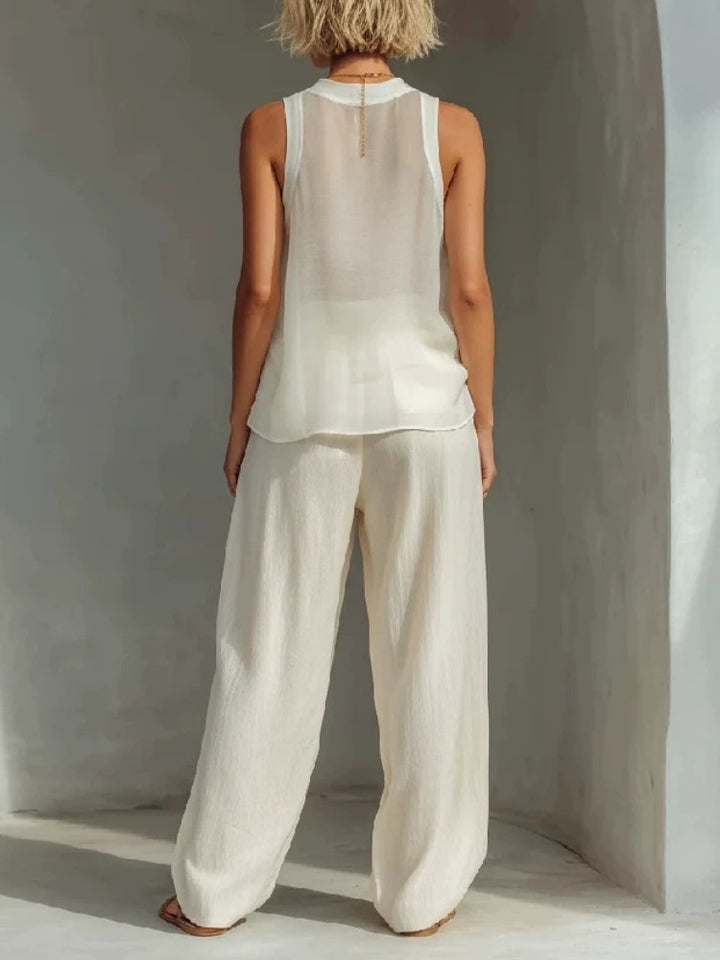 Linen Blend Sleeveless Halter Top &amp; Drawstring Wide Leg Pants Two-Piece Set