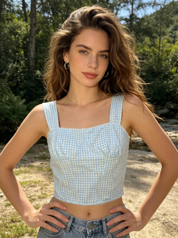 Gingham Square Neck Corset Top