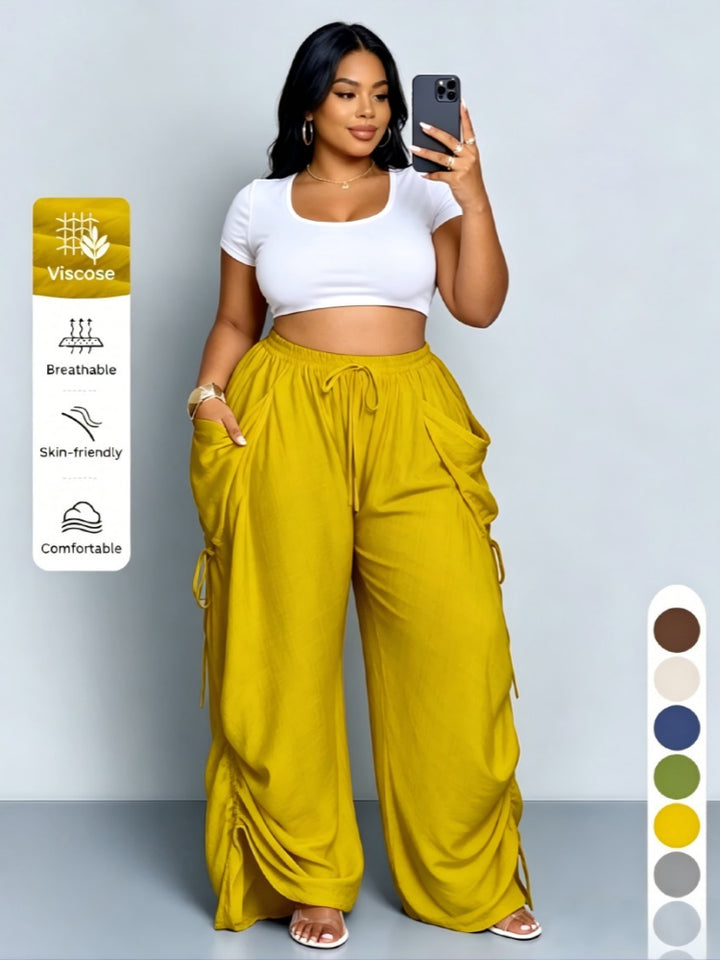 Plus Size Drawstring Ruched Wide Leg Cargo Pants with Pockets