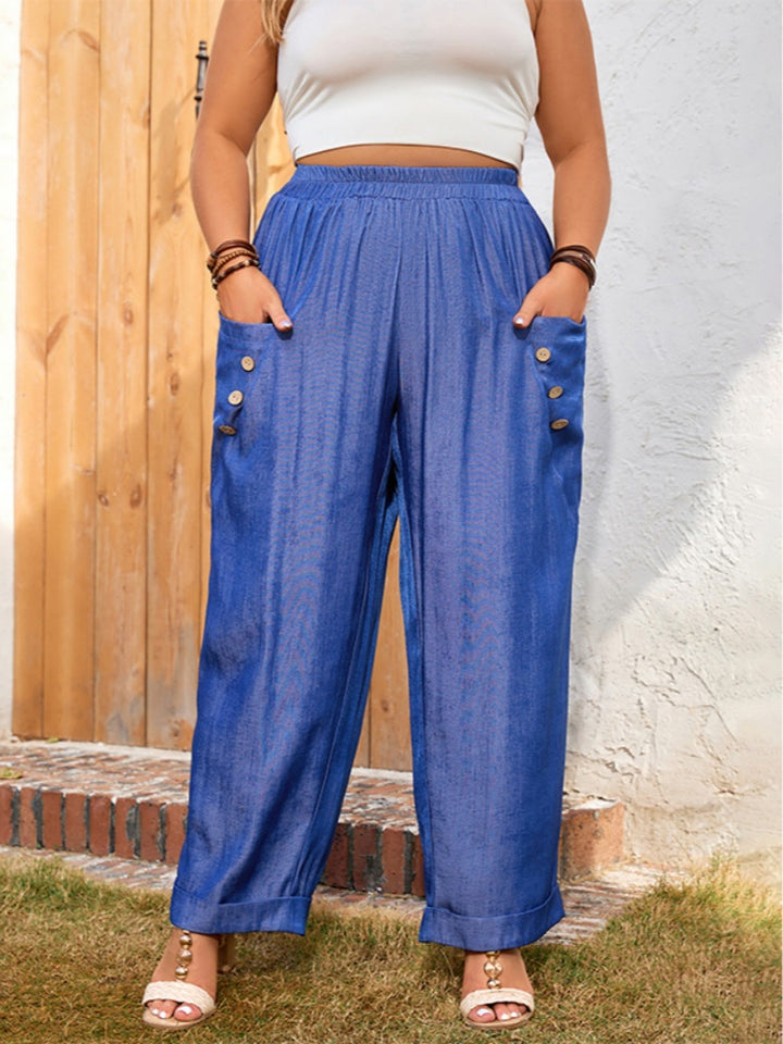 High-Waisted Shiny Blue Harem Pants | Elastic Waist Casual Trousers with Side Buttons