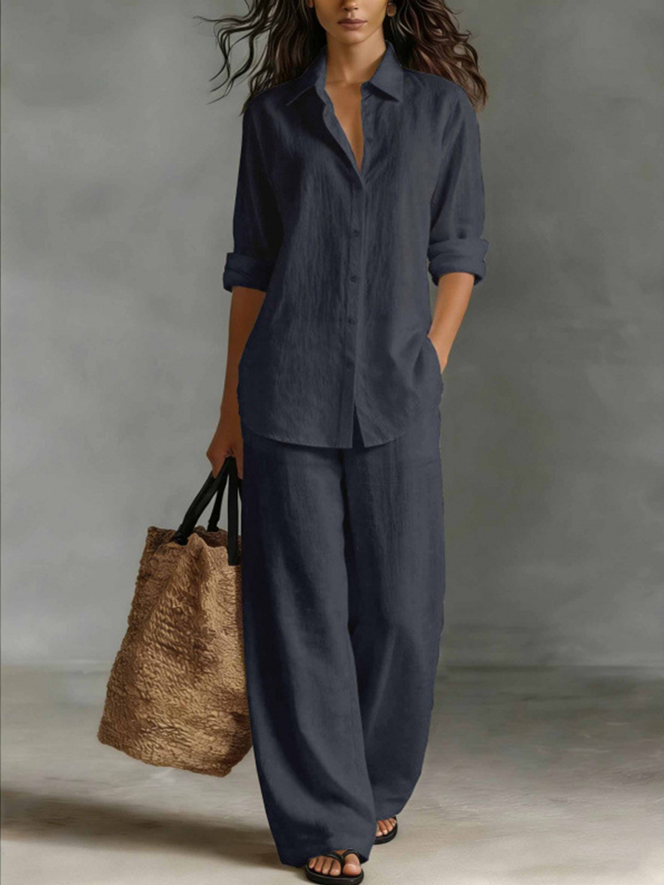 Women Linen Shirt Wide Leg Pants Vacation Two Piece Set
