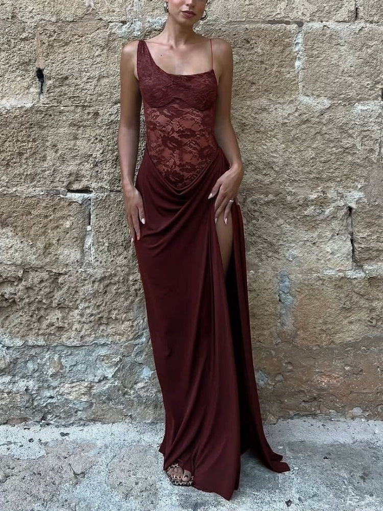 Spaghetti Strap Lace Bodice Draped Maxi Dress