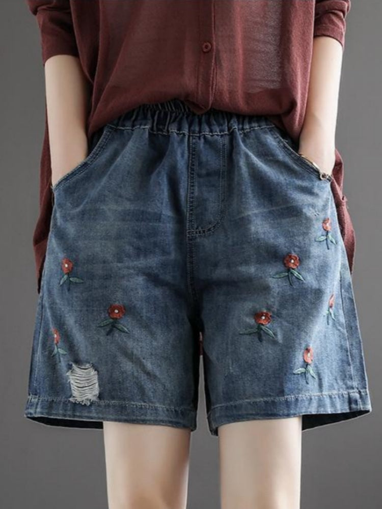Floral Embroidered High Waisted Denim Shorts