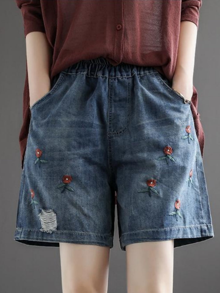 Floral Embroidered High Waisted Denim Shorts