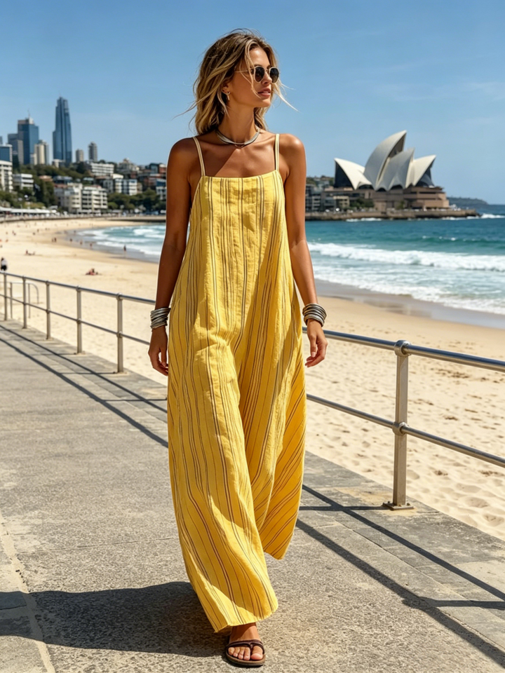 Vertical Striped Linen Blend Spaghetti Strap Maxi Dress