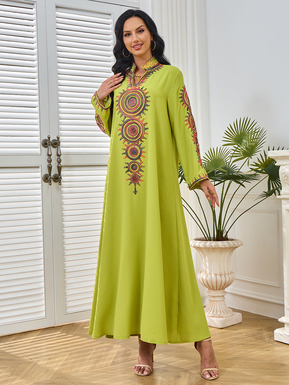 Ethnic Geometric Embroidered Abaya Maxi Dress