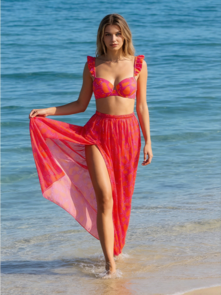 Ruffle Strap Bikini and Sheer Skirt Set